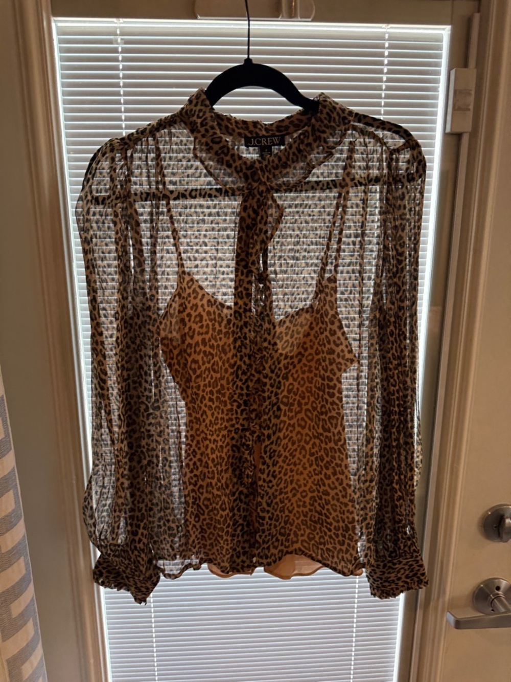 J. Crew Leopard Sheer Tie-Neck Blouse with Matching Cami - Brown/Tan